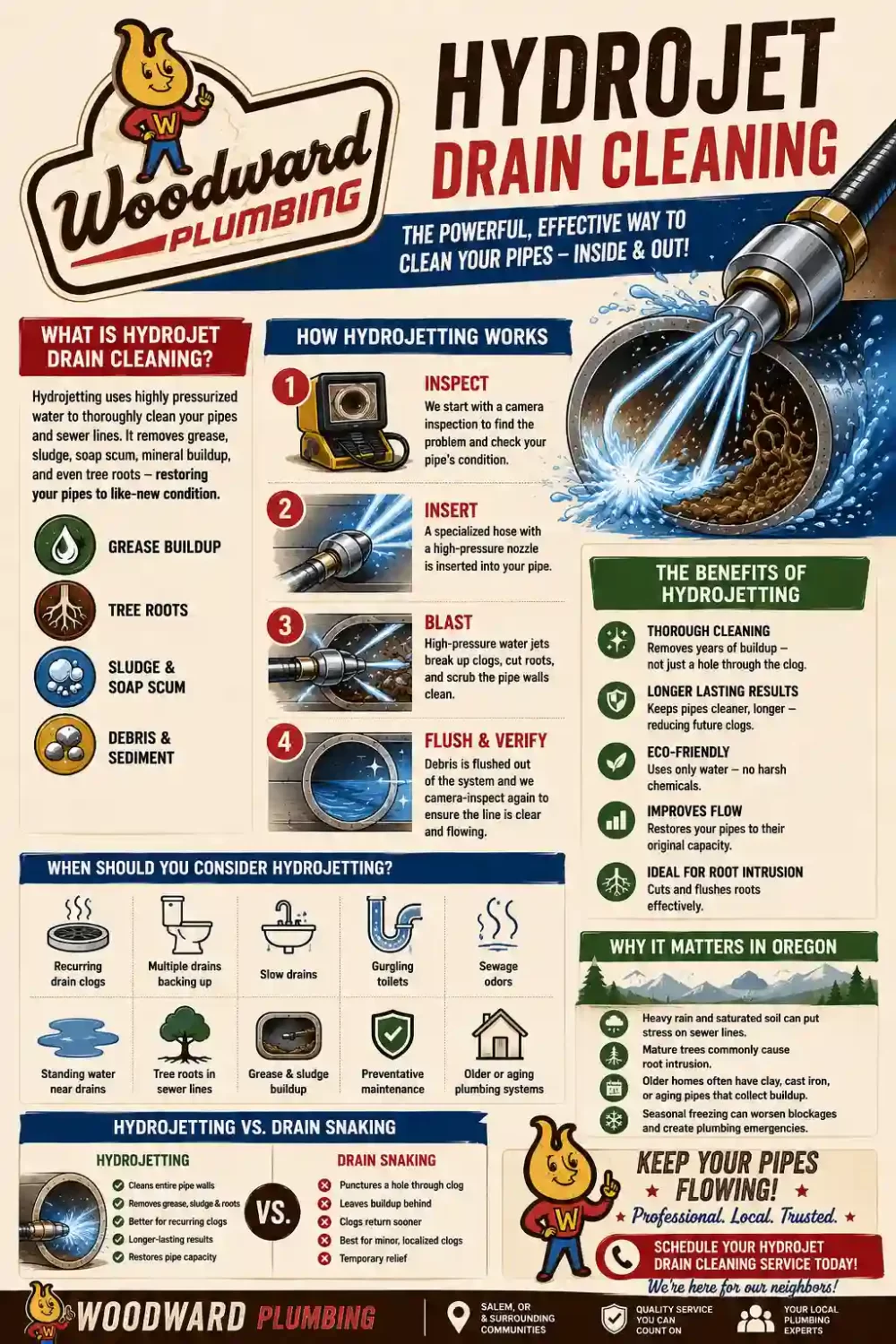 Infographic explaining hydrojet drain cleaning, including how hydrojetting works, benefits of hydrojet plumbing, signs of clogged drains, and why hydrojet drain cleaning is effective for Oregon homes.