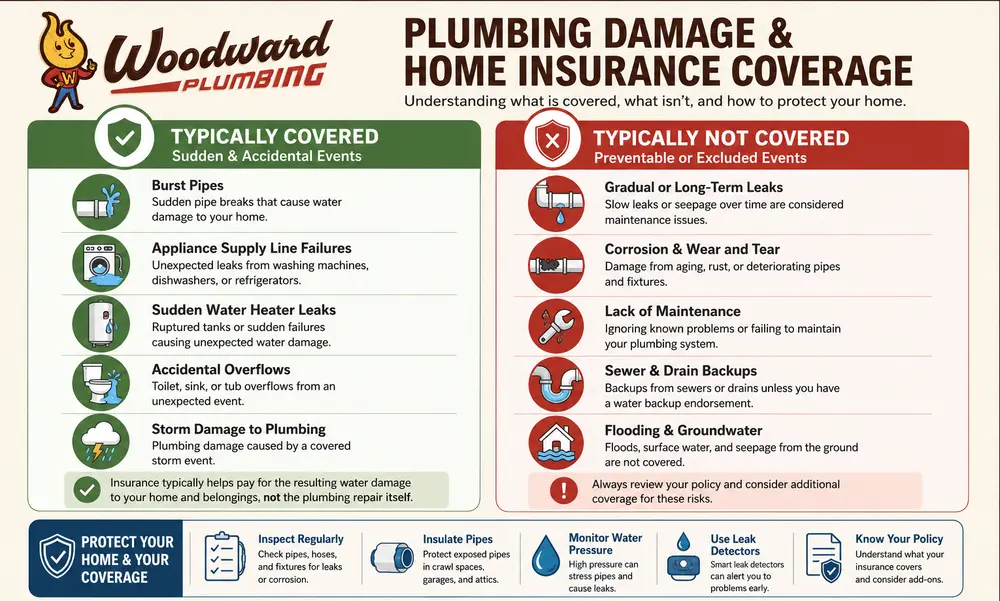Woodward Plumbing infographic explaining which plumbing damage is typically covered by homeowners insurance and which issues are typically not covered.