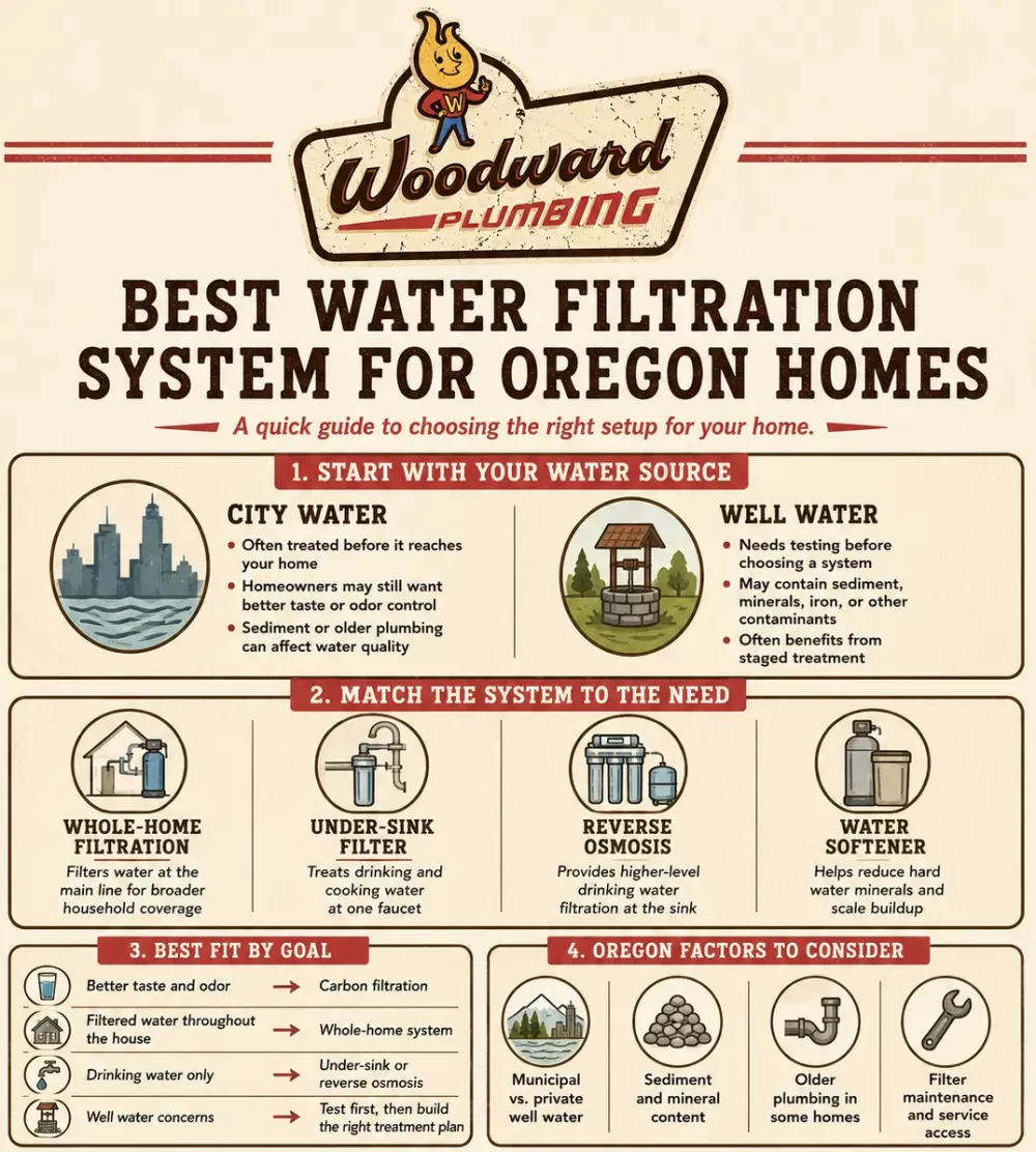 Infographic comparing whole-home filtration, under-sink filters, reverse osmosis, and water softeners for Oregon homes