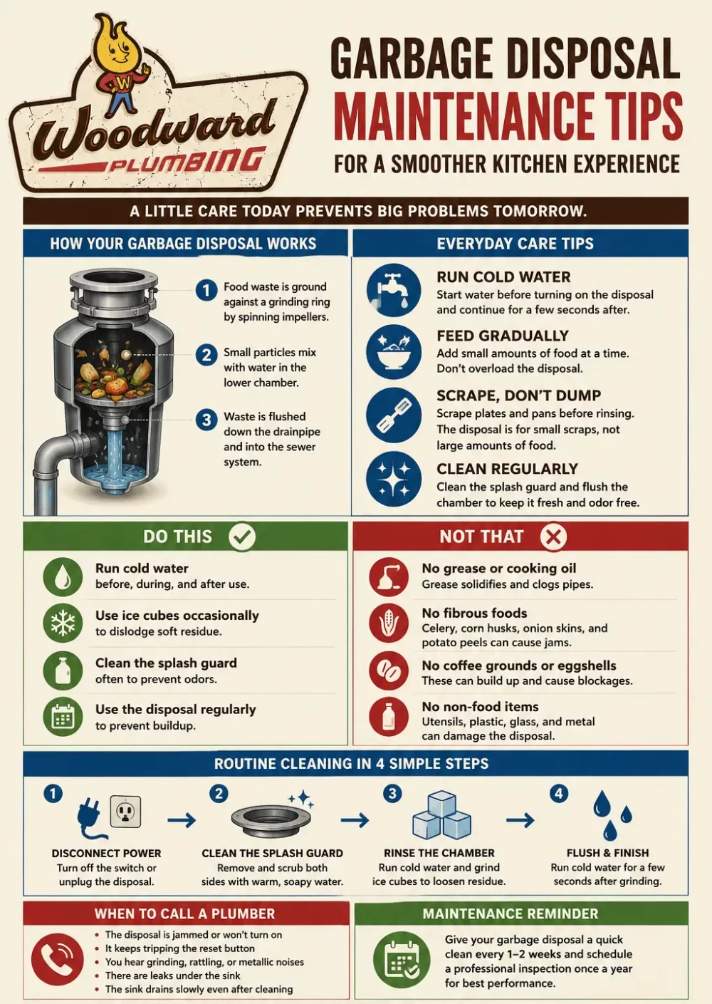Woodward Plumbing infographic showing garbage disposal cleaning tips, safe-use practices, items to avoid, cleaning steps, and signs it is time to call a plumber.