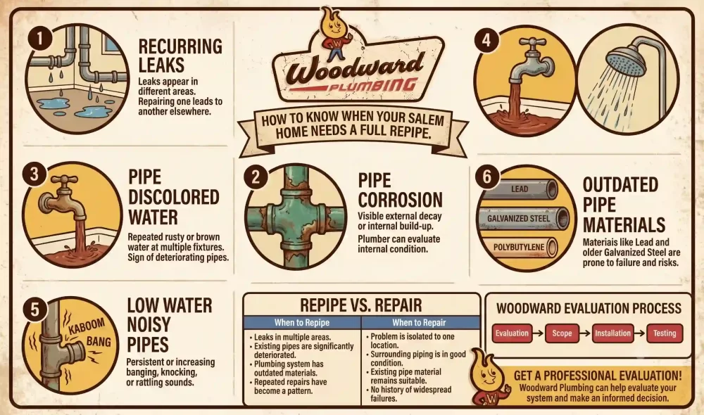 Woodward Plumbing infographic detailing 6 warning signs a Salem home needs a full repipe, comparing localized repairs versus whole-home repiping, and illustrating the 4-step plumbing evaluation process.