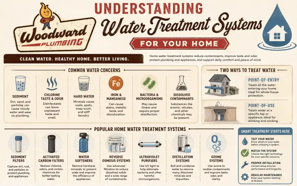 Woodward Plumbing infographic explaining common household water concerns, point-of-entry and point-of-use treatment, and home water treatment systems including sediment filters, carbon filters, water softeners, reverse osmosis, UV purification, distillation, and ozone systems.