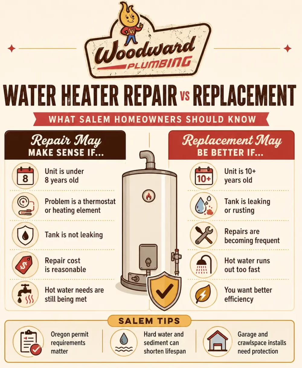 Infographic explaining when Salem homeowners should repair or replace a water heater, including age, leaks, repair costs, hot water performance, efficiency, Oregon permit requirements, sediment buildup, and garage or crawlspace installation concerns.