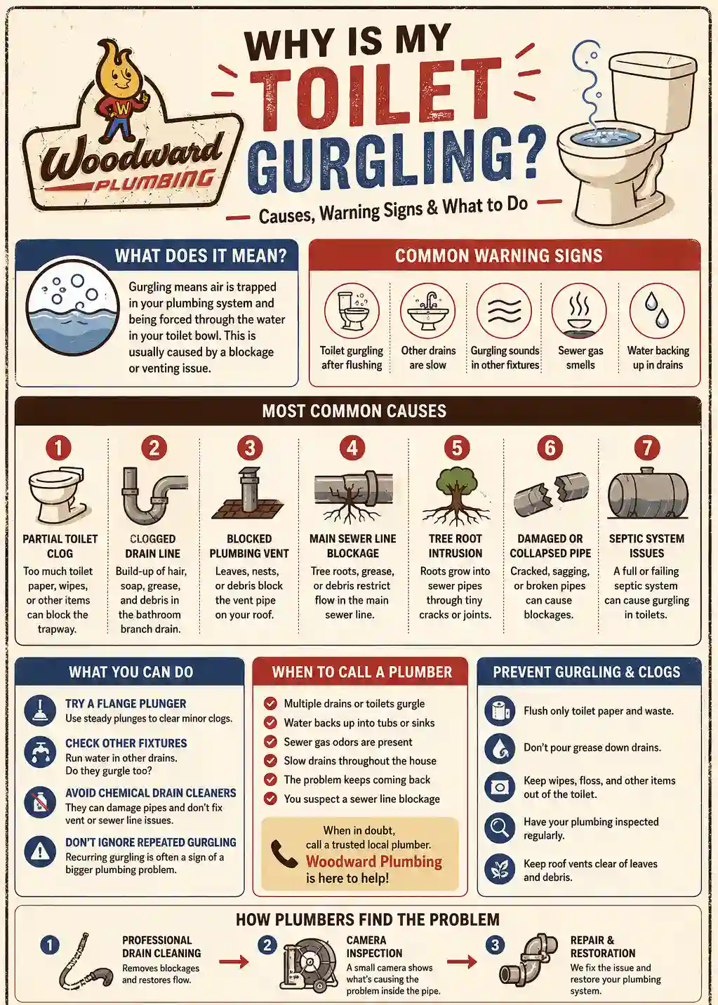 plumbing system warning signs infographic gurgling toilet causes solutions